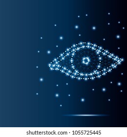 Eye with polygon, line, connecting dots on blue sky. Polygonal low poly design with triangles. Science background. Artificial Intelligence. Digital vision. Abstract human eye sign. Wireframe concept