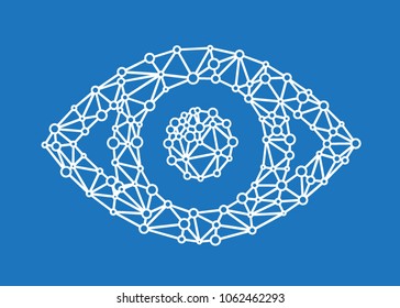 Eye with polygon line on abstract background. Polygonal space low poly with connecting dots and lines. Connection structure. Vector science background. Abstract polygonal light human eye sign. Busines