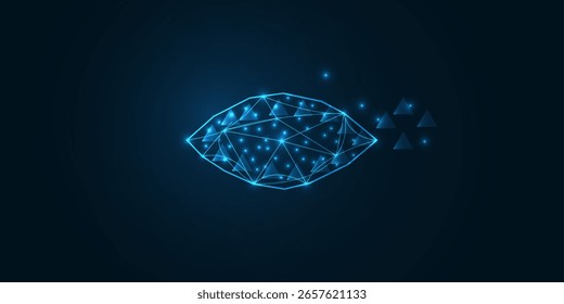 Ojo con línea de polígono sobre fondo abstracto. Es un diseño simple, azul con líneas delgadas, que muestra la estructura del ojo. baja Ilustración vectorial de polietileno.