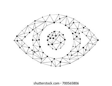 Olho com linha de polígono no fundo abstrato. Espaço poligonal baixo poli com pontos e linhas de ligação. Antecedentes de ciência vetorial. Sinal abstrato do olho humano luz poligonal. Malha de arame empresarial.