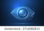 Eye. Polygonal wireframe mesh icon with crumbled edge on blue night sky with dots and stars and looks like constellation. Vision, health, optical, watch or other concept illustration or background