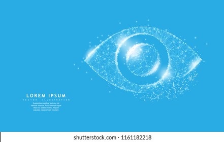Eye. Polygonal wireframe mesh icon with crumbled edge on blue night sky with dots and stars and looks like constellation. Vision, health, optical, watch or other concept illustration or background