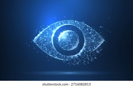 Ojo. Icono de malla de alambre poligonal con borde desmenuzado en el cielo azul de la noche con puntos y estrellas y parece una constelación. Visión, salud, óptica, reloj u otro concepto ilustración o fondo
