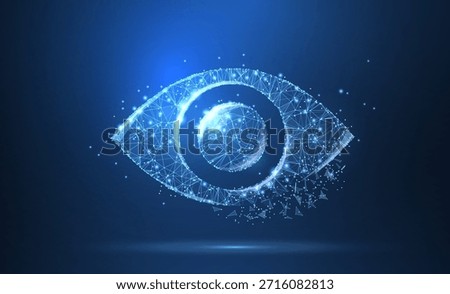 Eye. Polygonal wireframe mesh icon with crumbled edge on blue night sky with dots and stars and looks like constellation. Vision, health, optical, watch or other concept illustration or background