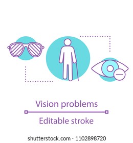 Eye problems concept icon. Ophthalmology idea thin line illustration. Blindness and hyperopia treatment. Vector isolated outline drawing. Editable stroke