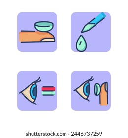 Eye problems and diseases line icon set. Colorblindness, putting on eye lenses, eye drops. Ophthalmology and healthcare concept. Vector illustrations for web design and apps