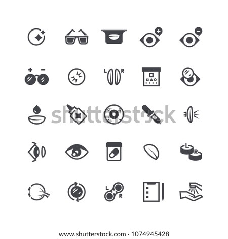 Eye problems, optical contact lens and eyeglasses icons. Eyeball laser surgery vector medical symbols. Eye vision, medical eyesight illustration