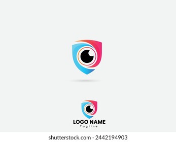 Logotipo protegido. Diseño de logotipo de seguridad ocular. Visión segura. Diseño de logotipo de Visión con un escudo. Premium. Cctv. Negocios. Logotipo de cuidado ocular.