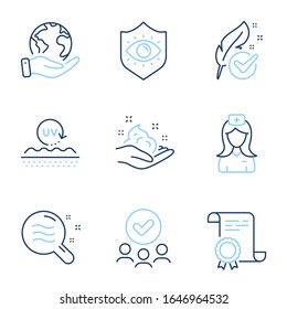 Eye protection, Hypoallergenic tested and Uv protection line icons set. Diploma certificate, save planet, group of people. Skin care, Skin condition and Hospital nurse signs. Vector