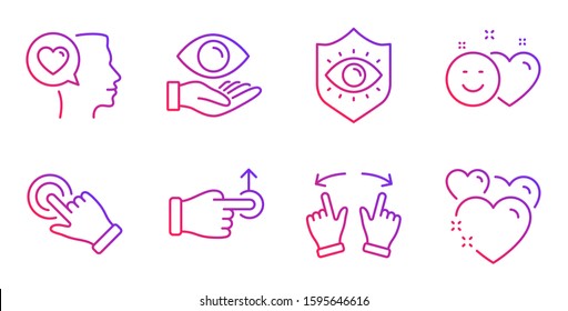 Eye protection, Move gesture and Touchscreen gesture line icons set. Romantic talk, Health eye and Smile signs. Drag drop, Heart symbols. Optometry, Swipe. People set. Vector