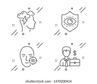Eye protection, Problem skin and Mindfulness stress line icons set. Businessman case sign. Optometry, Facial care, Cloud storm. Human resources. People set. Line eye protection outline icon. Vector
