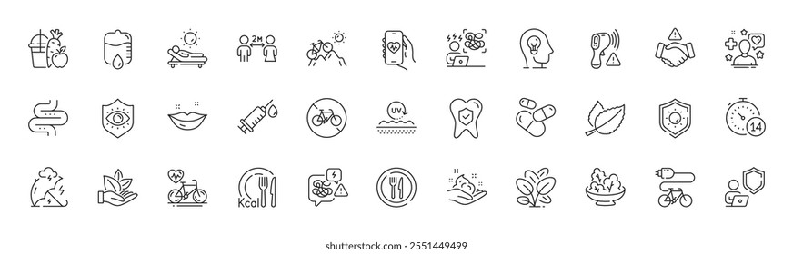 Eye protection, Quarantine and Lips line icons. Pack of Medical syringe, Mint leaves, Dental insurance icon. Electronic thermometer, Stress, Food pictogram. Stress protection, Shield, Patient. Vector