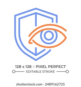 Eye protection two color line icon. Ophthalmology healthcare. Healthy eyesight. Eye ball and shield bicolor outline symbol. Duotone linear pictogram. Isolated illustration. Editable stroke
