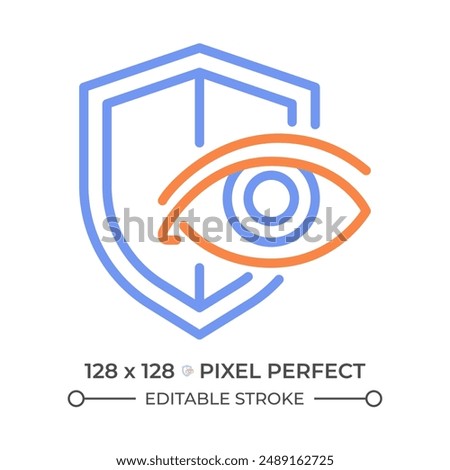 Eye protection two color line icon. Ophthalmology healthcare. Healthy eyesight. Eye ball and shield bicolor outline symbol. Duotone linear pictogram. Isolated illustration. Editable stroke