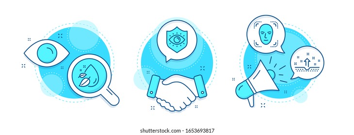 Eye protection, Water drop and Clean skin line icons set. Handshake deal, research and promotion complex icons. Face detection sign. Optometry, Serum oil, Cosmetics. Detect person. Medical set. Vector