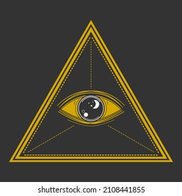 Eye of Providence , All seeing eye of god in triangle on black background yellow gold icon flat vector design.