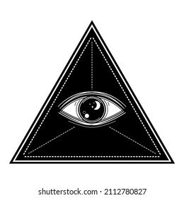 Eye of Providence , All seeing eye of god in triangle on white background black icon flat vector design.