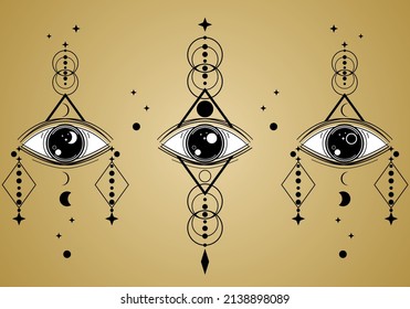 Eye of Providence , All seeing eye of god on yellow gold background mysterious magic spell talisman flat vector design.