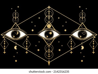 Eye of Providence , All seeing eye of god with moon and stars on black background mysterious magic spell talisman tattoo icon flat vector design.