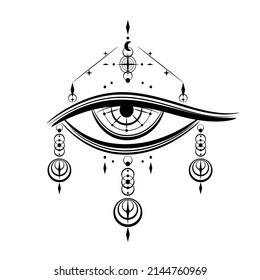 Eye of Providence , All seeing eye of god with celestial space moon and stars mysterious magic tattoo on white background black icon flat vector design.