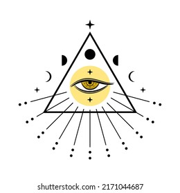Eye of Providence , All seeing eye of god in triangle with light ray and moon phases stars mysterious magic tattoo on white background boho icon flat vector design.