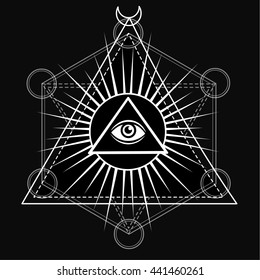 Eye of Providence. All seeing eye inside triangle pyramid. Esoteric symbol, sacred geometry. Monochrome drawing isolated on a black background. Vector illustration. Print, posters, t-shirt, textiles.