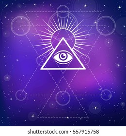 Eye of Providence. All seeing eye inside triangle pyramid. Esoteric symbol, sacred geometry.  Background - the night star sky. Vector illustration. Print, posters, t-shirt, card.