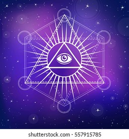 Eye of Providence. All seeing eye inside triangle pyramid. Esoteric symbol, sacred geometry.  Background - the night star sky. Vector illustration. Print, posters, t-shirt, card.