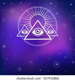 Eye of Providence. All seeing eye inside triangle pyramid. Esoteric symbol. Background - the night star sky. Vector illustration. Print, posters, t-shirt, card.