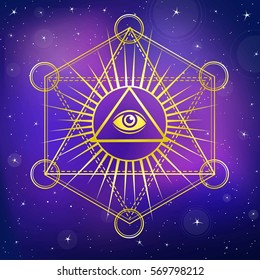 Eye of Providence. All seeing eye inside triangle pyramid. Esoteric symbol, sacred geometry. Gold imitation. A background - the night star sky. Vector illustration.