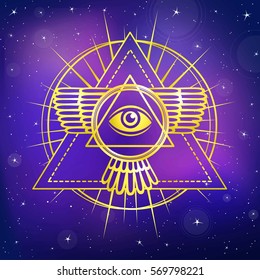 Eye of Providence. All seeing eye inside triangle pyramid. Esoteric symbol, sacred geometry. Gold imitation. A background - the night star sky. Vector illustration.