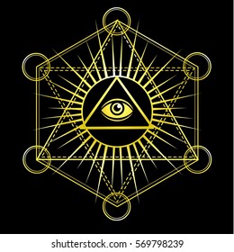 Eye of Providence. All seeing eye inside triangle pyramid. Esoteric symbol, sacred geometry. Gold imitation. Vector illustration isolated on a black background.