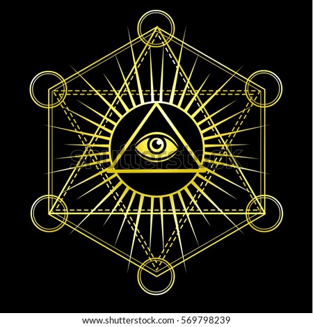 Eye of Providence. All seeing eye inside triangle pyramid. Esoteric symbol, sacred geometry. Gold imitation. Vector illustration isolated on a black background.
