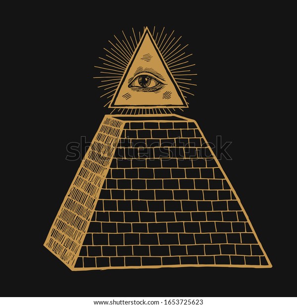 Ojo de providencia. Todos los ojos visibles en el triángulo sobre el símbolo masónico piramidal. Ilustración oculta.