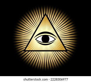 Eye of Providence or the All-Seeing Eye, enclosed in a triangle and surrounded by rays of light, gold and black, vector eps format 