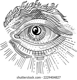 Eye of Providence. All-seeing eye with rays of light. Hand drawn engraving medieval vintage style ink illustration. Tattoo design. Masonic, Illuminati, religious, esoteric, spiritual, occult symbol.