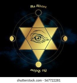 Eye of providence in the center of the hexagram. As above, so below - is a maxim in sacred geometry or hermeticism. Hand drawn medieval esoteric style vector illustration.