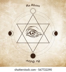 Eye of providence in the center of the hexagram. As above, so below - is a maxim in sacred geometry or hermeticism. Hand drawn medieval esoteric style vector illustration.