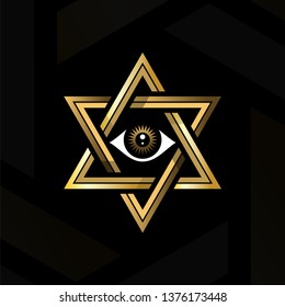 Eye Of Providence In The Center Of The Hexagram. Sacred Geometry Or Hermeticism. Golden Medieval Esoteric Style Vector Illustration.