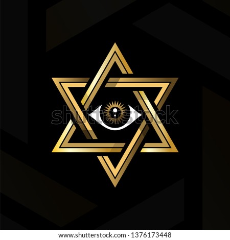 Eye of providence in the center of the hexagram. Sacred geometry or hermeticism. Golden medieval esoteric style vector illustration.