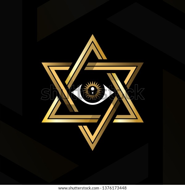 六角形の中央にある神の御意の目 神聖な幾何学やハーメティシズム 中世金色の密教様式のベクターイラスト のベクター画像素材 ロイヤリティフリー