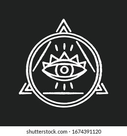 Eye of Providence chalk white icon on black background. Occult symbol. All seeing eye with circle and triangle, mysterious talisman. Magical sign. Isolated vector chalkboard illustration