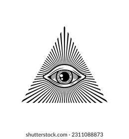 Eye of providence conspiracy theory magic talisman. Vector masonic symbol, all seeing eye inside triangle pyramid. Sacred triangle with vision sign