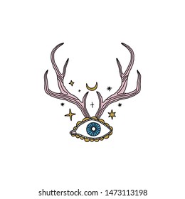 Eye of Providence Deer Horns Medieval Engraving Vector Clipart Illustration Sticker