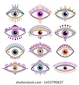 Eye of providence. Evil eyes, mystic esoteric symbols. Abstract occult signs design. Decorative alchemy and magic line tattoo vector icons