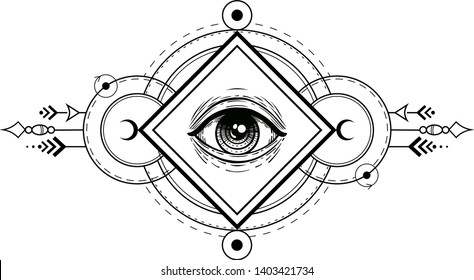 Eye of providence line art in the frame, vector illustration isolated on white. Sketch style hand drawn. Wiccan familiar spirit, halloween or pagan witchcraft theme