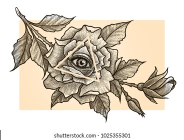 Eye of Providence. Masonic symbol. All seeing eye inside Rose flower with triangle pyramid. Dotwork. New World Order. Freemason and spiritual, illuminati, religion, occultism. Conspiracy. Vector.