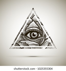 Eye of Providence. Masonic symbol. All seeing eye inside triangle pyramid with Rose flower. Dotwork. New World Order. Freemason and spiritual, illuminati, religion, occultism. Conspiracy. Vector.