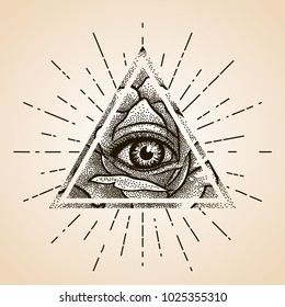 Eye of Providence. Masonic symbol. All seeing eye inside triangle pyramid with Rose flower. Dotwork. New World Order. Freemason and spiritual, illuminati, religion, occultism. Conspiracy. Vector.