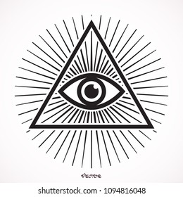 Eye of Providence. Masonic symbol. All seeing eye inside triangle pyramid. New World Order. Hand-drawn alchemy, religion, spirituality, occultism. Isolated vector illustration. Conspiracy theory.